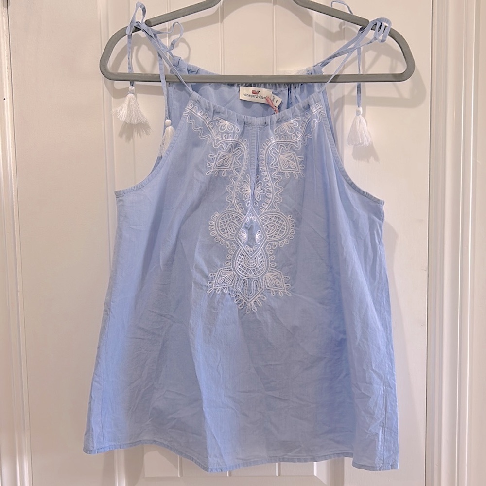 NWT Vineyard Vines spaghetti tassel straps embroidered light bayside blue tank